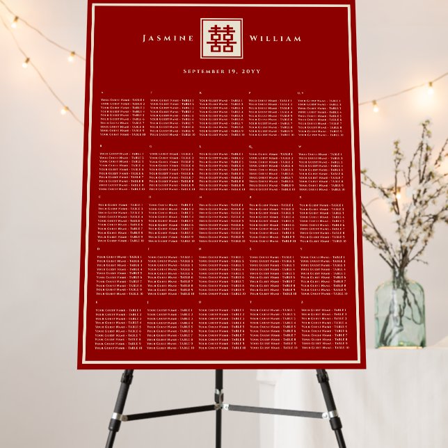 Red Double Happiness Chinese Wedding Seating Chart Foam Board (In Situ (Stand))