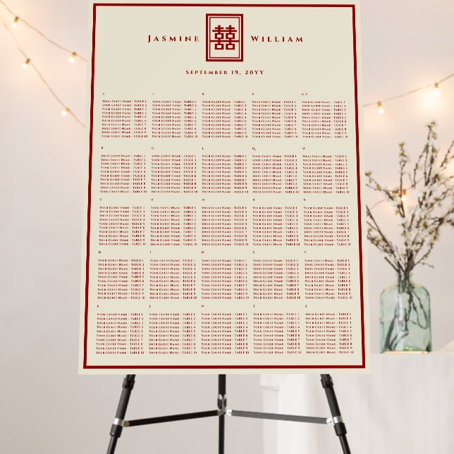Red Double Happiness Chinese Wedding Seating Chart Foam Board (In Situ (Stand))