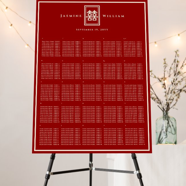 Red Double Happiness Chinese Wedding Seating Chart Foam Board (In Situ (Stand))