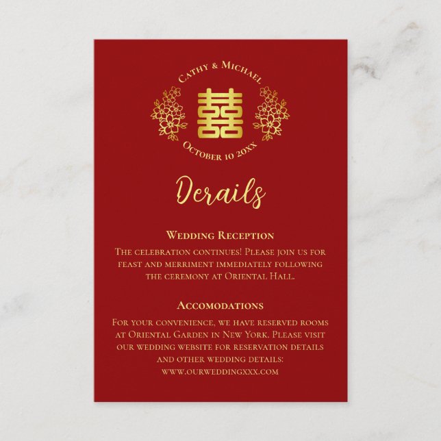 Red double happiness floral chinese wedding detail enclosure card (Front)