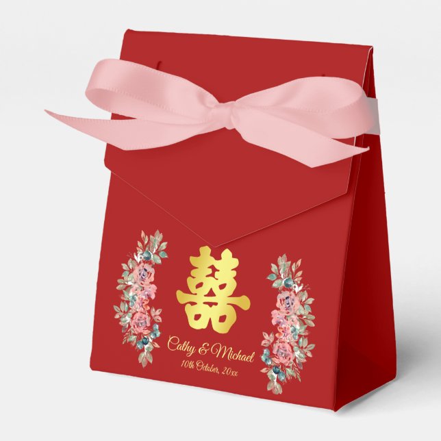 Red double happiness floral Chinese wedding  Favor Boxes (Front Side)