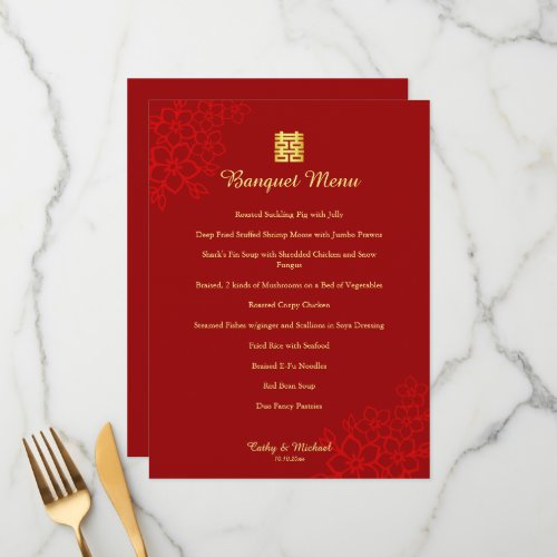Red Double happiness floral Chinese wedding  Menu