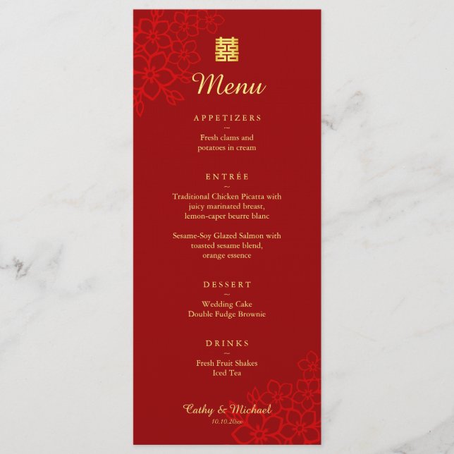 Red Double happiness floral Chinese wedding Menu (Front)
