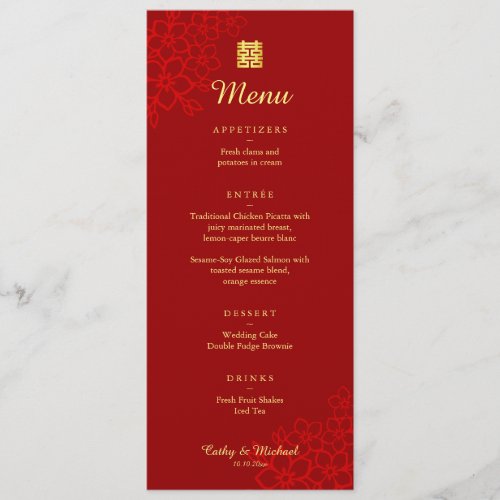 Red Double happiness floral Chinese wedding Menu