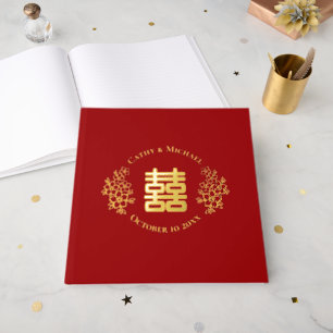 Red double happiness floral logo chinese wedding foil guest book