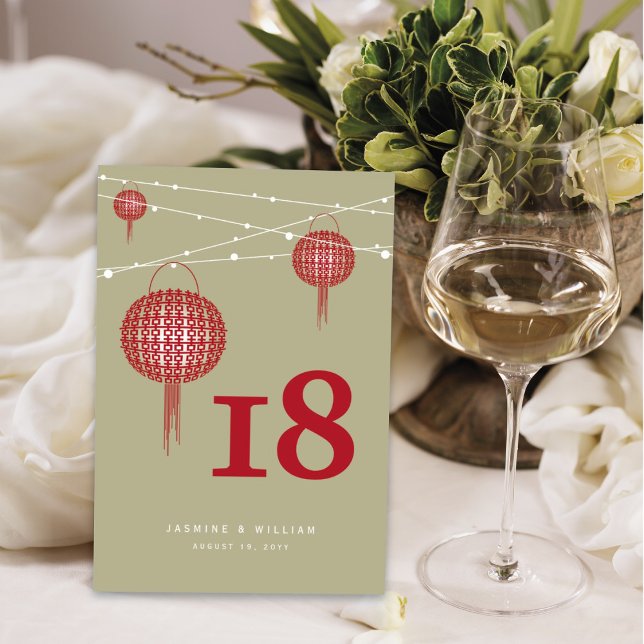 Red Double Happiness Lanterns Chic Chinese Wedding Table Number (Creator Uploaded)