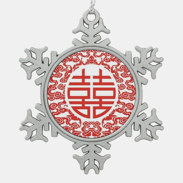 red double happiness modern chinese wedding snowflake pewter christmas ornament (Front)