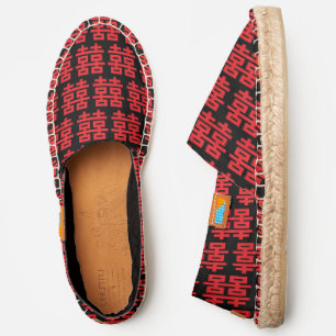 Red Double Happiness Symbol #3, Black Canvas Espadrilles