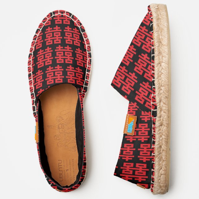 Red Double Happiness Symbol #3, Black Canvas Espadrilles (Side)