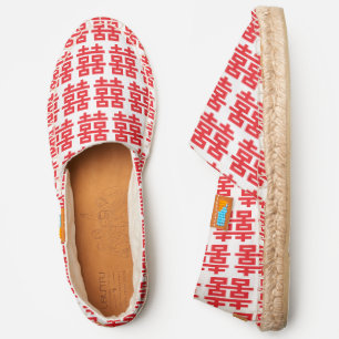 Red Double Happiness Symbol #3, White Canvas Espadrilles