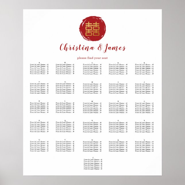 Red Double Happiness Wedding Seating Chart (Front)