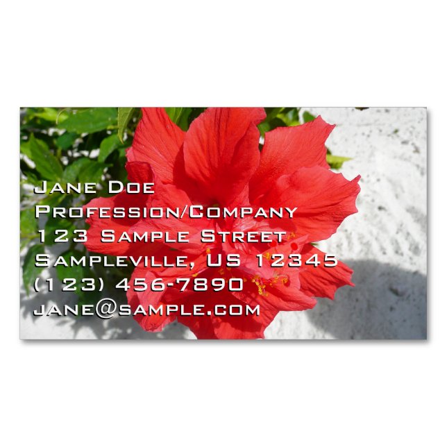 Red Double Hibiscus Flower Business Card Magnet (Front)