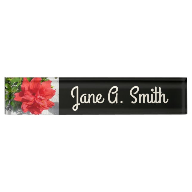 Red Double Hibiscus Flower Desk Name Plate (Front)