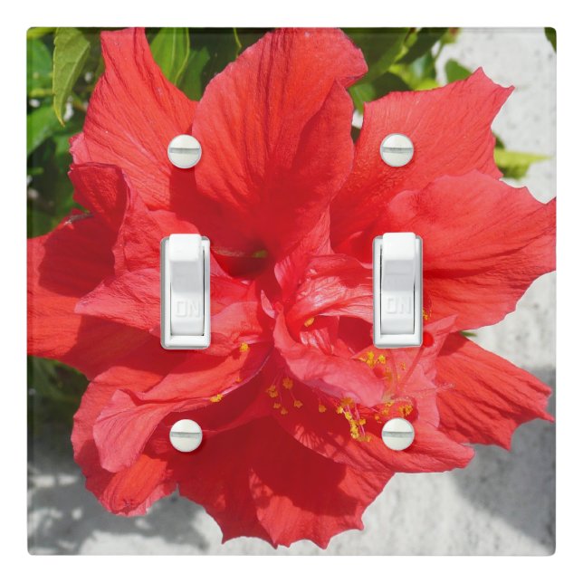 Red Double Hibiscus Flower Light Switch Cover (In Situ)