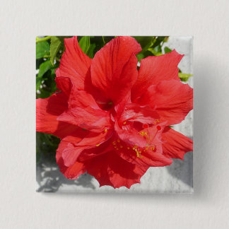 Red Double Hibiscus Flower Pinback Button