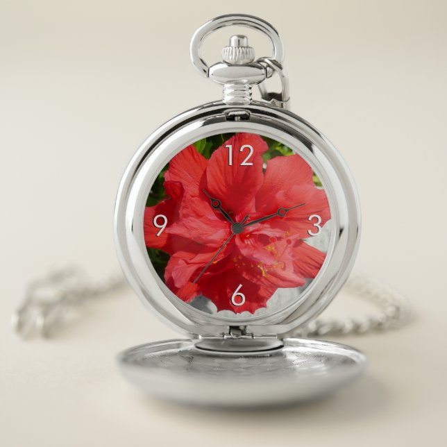 Red Double Hibiscus Flower Pocket Watch (Inside)