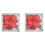 Red Double Hibiscus Flower Silver Cufflinks
