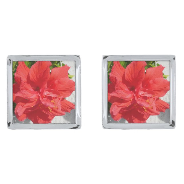 Red Double Hibiscus Flower Silver Cufflinks (Front)