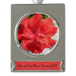 Red Double Hibiscus Flower Silver Plated Banner Ornament