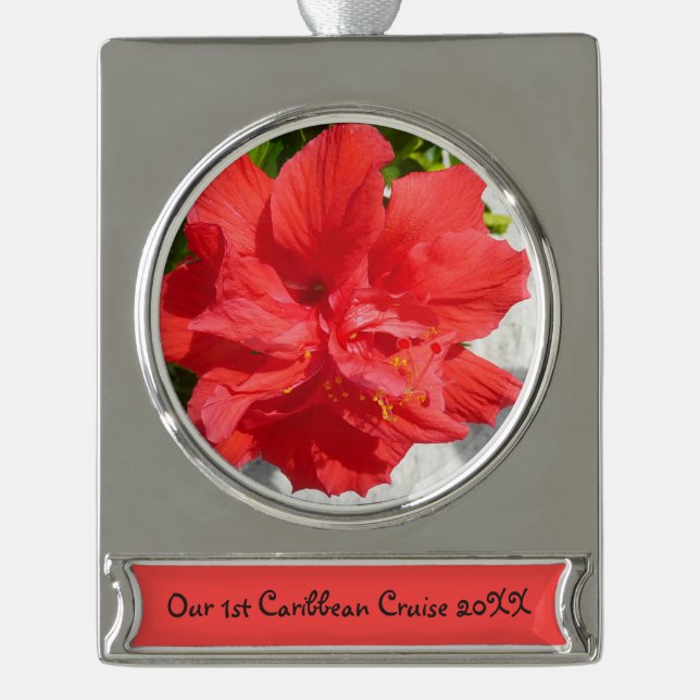 Red Double Hibiscus Flower Silver Plated Banner Ornament (Front)