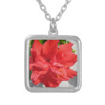 Red Double Hibiscus Flower Silver Plated Necklace