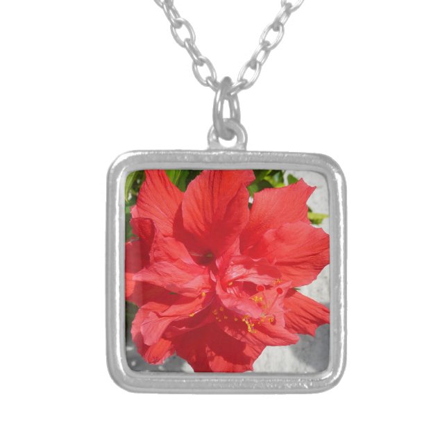 Red Double Hibiscus Flower Silver Plated Necklace (Front)