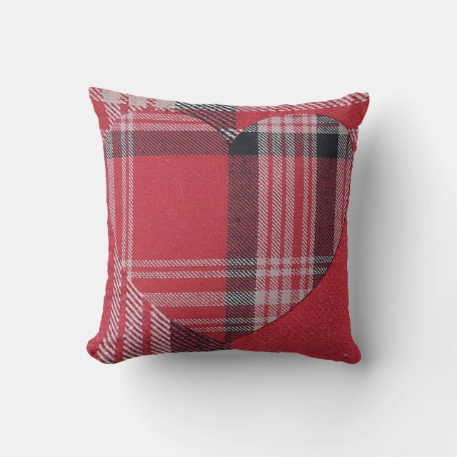 Red  Double Plaid Heart Throw Pillow (Front)