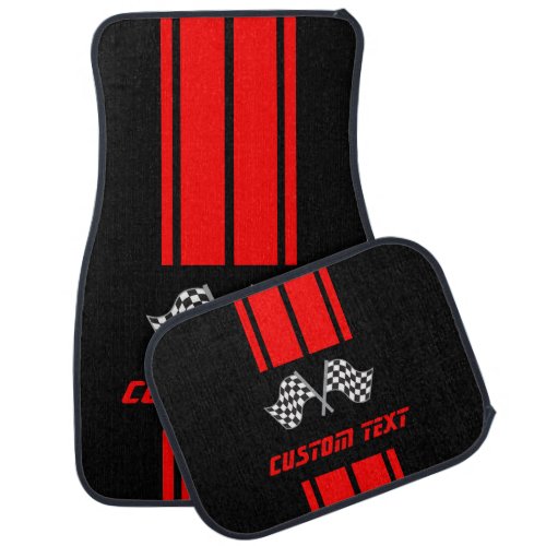 Red Double Race  Stripes with Flag  Car Floor Mat
