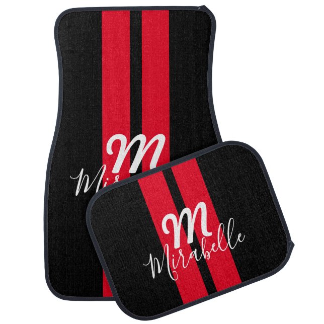 Red Double Stripe Car Mat Girly Text Monogram (Set)