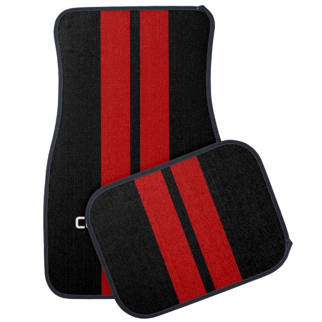 Red Double Stripe Car Mats - with custom text (Set)