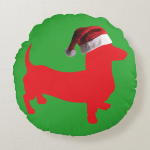 Red-Doxie---And-Santa-Hat Round Pillow