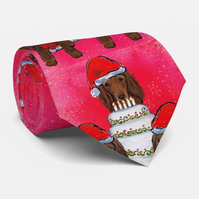 Red Doxie Santas Neck Tie (Rolled)