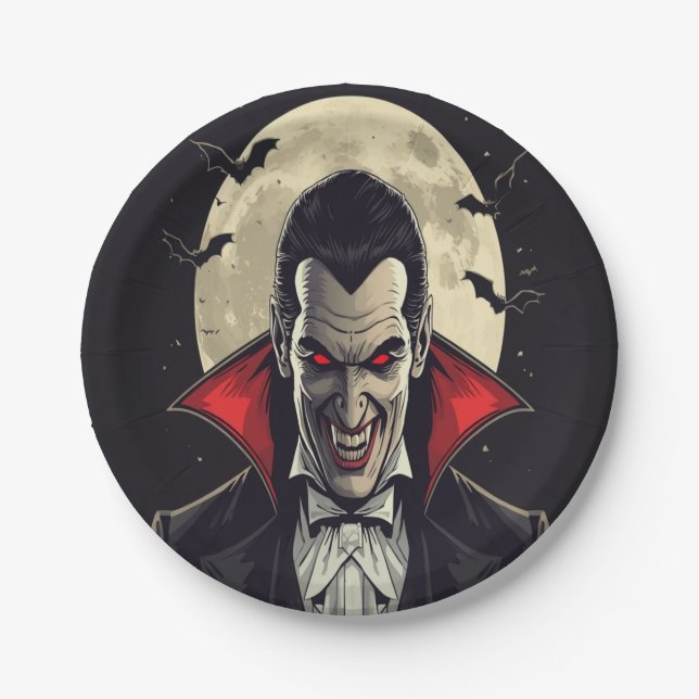 Red Dracula Gothic Horror Halloween Paper Plates (Front)