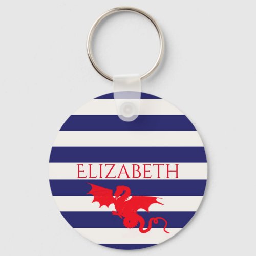 Red dragon blue white stripes name keychain