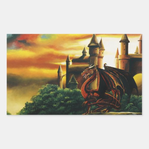 Red Dragon Castle Fantasy Rectangular Sticker