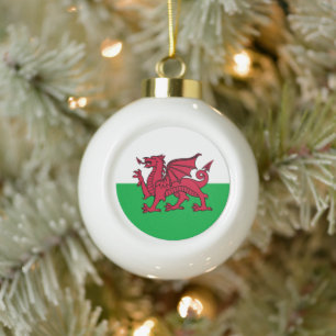 Red Dragon Celtic Flag of Wales & Welsh Ceramic Ball Christmas Ornament