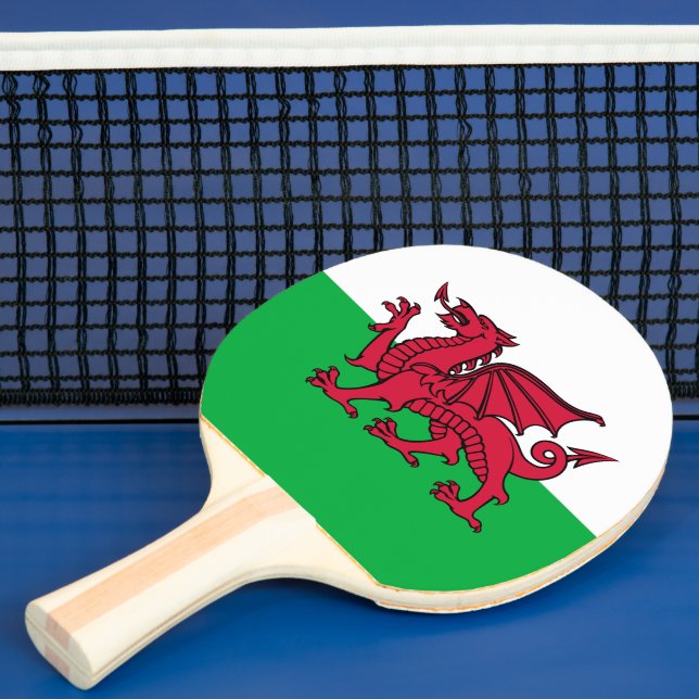 Red Dragon Celtic Flag of Wales & Welsh Ping Pong Paddle (Insitu)