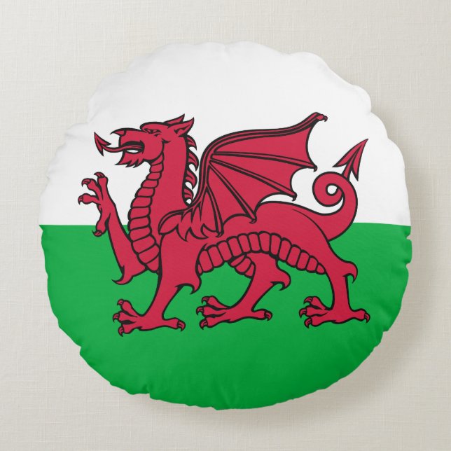 Red Dragon Celtic Flag of Wales & Welsh Round Pillow (Front)