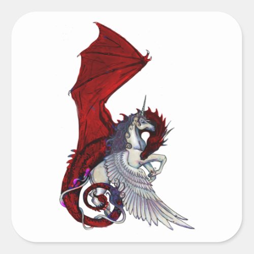 Red Dragon Dragoness Crimson Fantasy Unicorn Horse Square Sticker