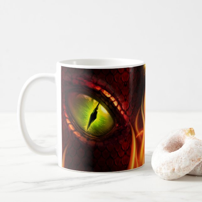 Red Dragon Eye & Fire Personalized Coffee Mug, Cup (With Donut)