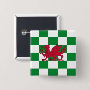 Red Dragon Flag: Green Checkered Celtic Wales Button