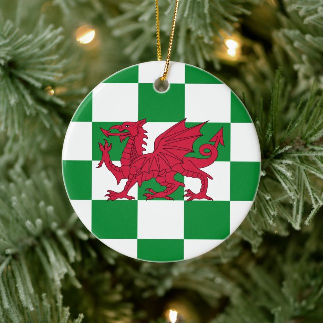 Red Dragon Flag: Green Checkered Celtic Wales Ceramic Ornament (Tree)