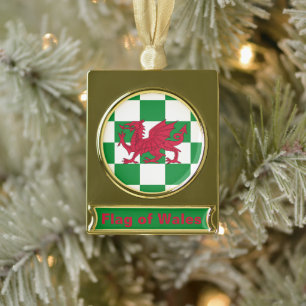 Red Dragon Flag: Green Checkered Celtic Wales Gold Plated Banner Ornament