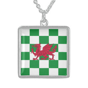 Red Dragon Flag: Green Checkered Celtic Wales Sterling Silver Necklace