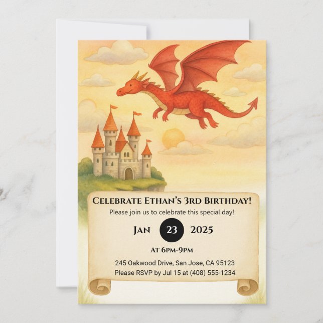 Red Dragon Flying Over Castle Scroll Birthday Invitation (Front)
