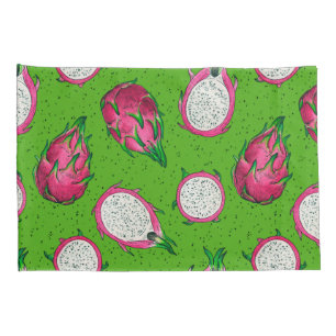 Red dragon fruit on green pillow case