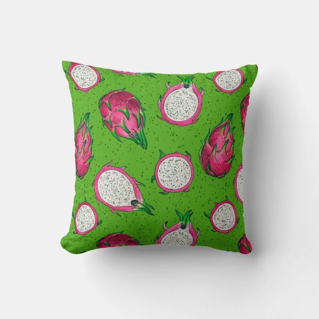 Red dragon fruit on green throw pillow (Front)