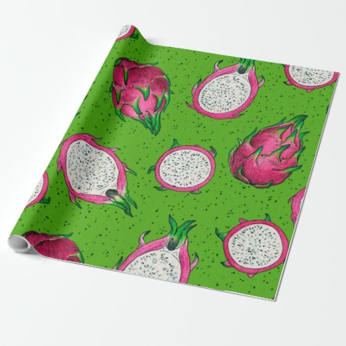 Red dragon fruit on green wrapping paper