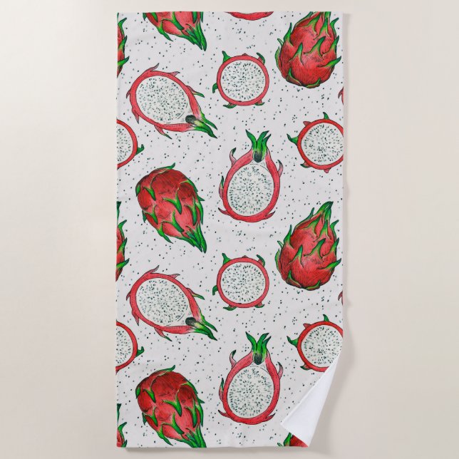 Red dragon fruit on off white beach towel (Front)