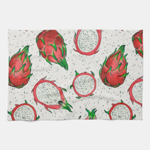 Red dragon fruit on off white kitchen towel